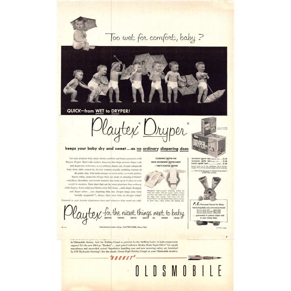 1952 Playtex Drypers Disposable Diapers Vintage Print Ad Baby Toddler Wall Art